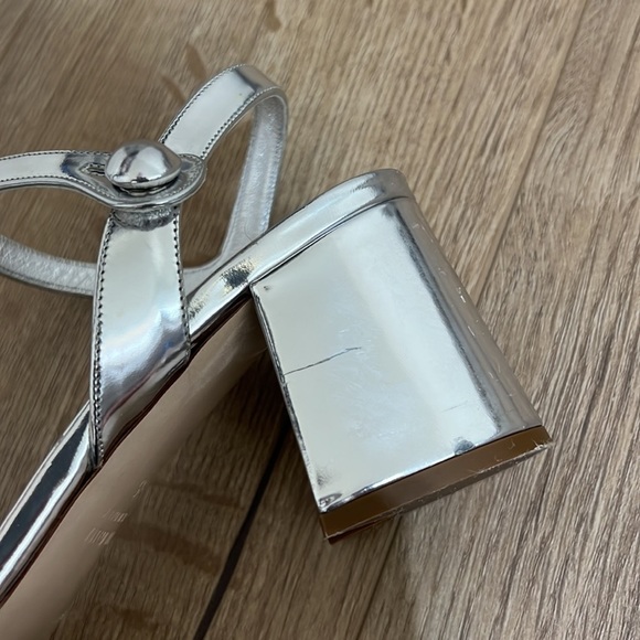 Miu Miu Metallic Silver Leather Ankle Strap Block Heel Sandals - Picture 7 of 15